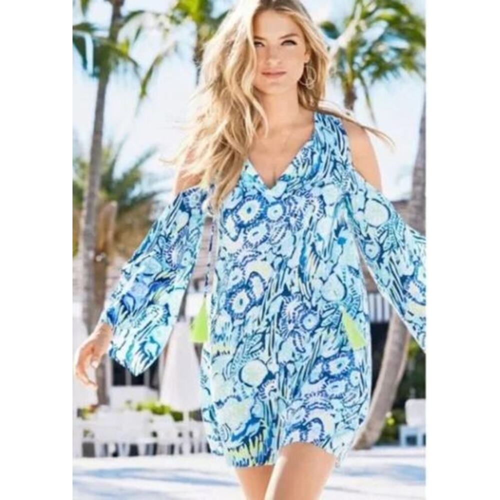Lilly Pulitzer Benicia Tunic Dress Cold Shoulder Size XS Indigo Sunset Swim